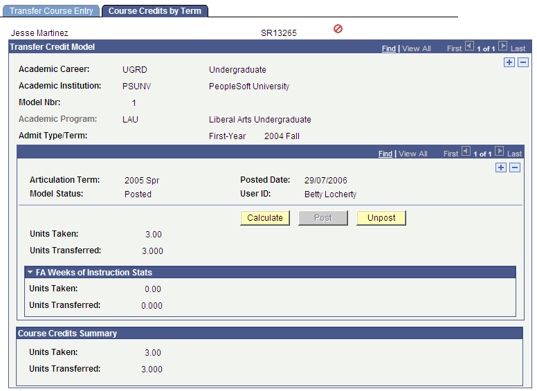 Course Credits by Term page