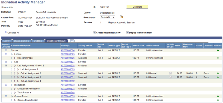 Individual Activity Manager page - Most Recent Result tab