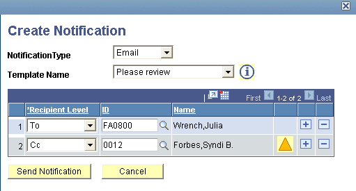 Create Notification page showing the permissions warning icon