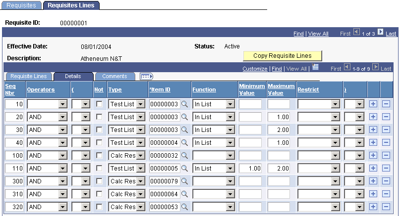 Requisites Lines page: Details tab