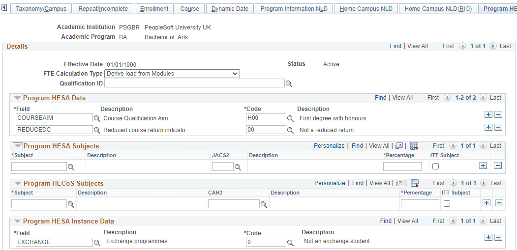 Program HESA (Higher Education Statistics Agency) Data page (1 of 2)