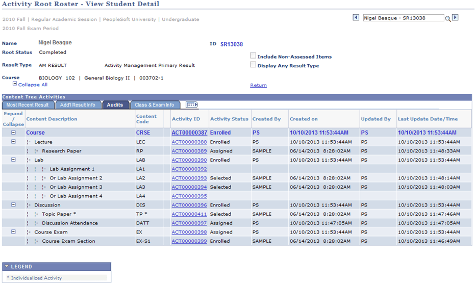 Activity Root Roster - View Student Detail page: Audits tab