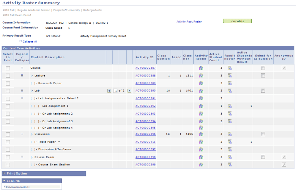 Activity Roster Summary page