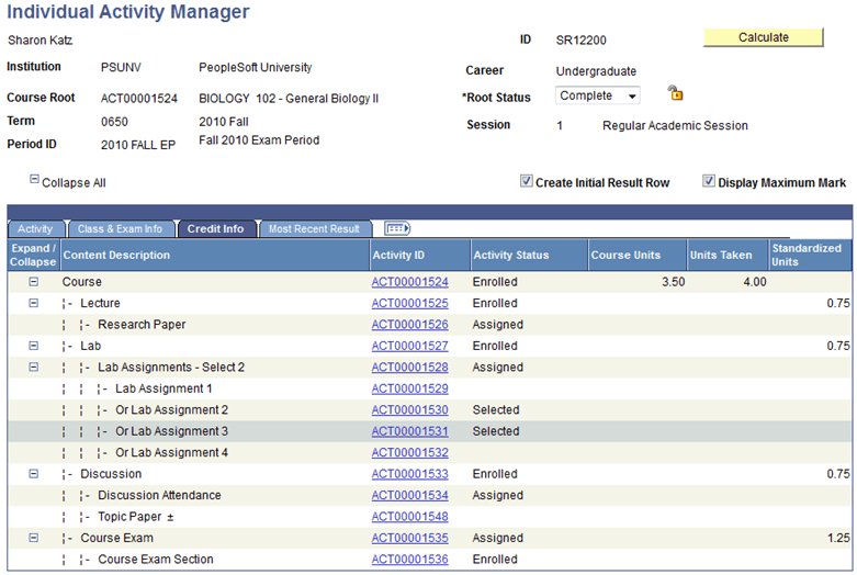 Individual Activity Manager page - Credit Info tab