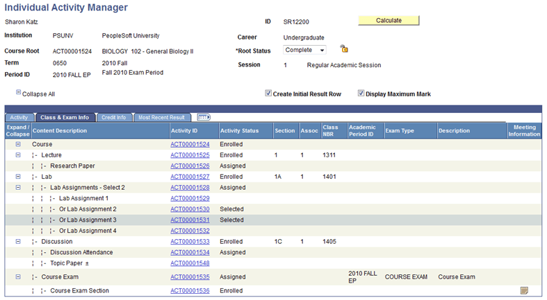&Individual Activity Manager page - Class & (and) Exam Info (information) tab