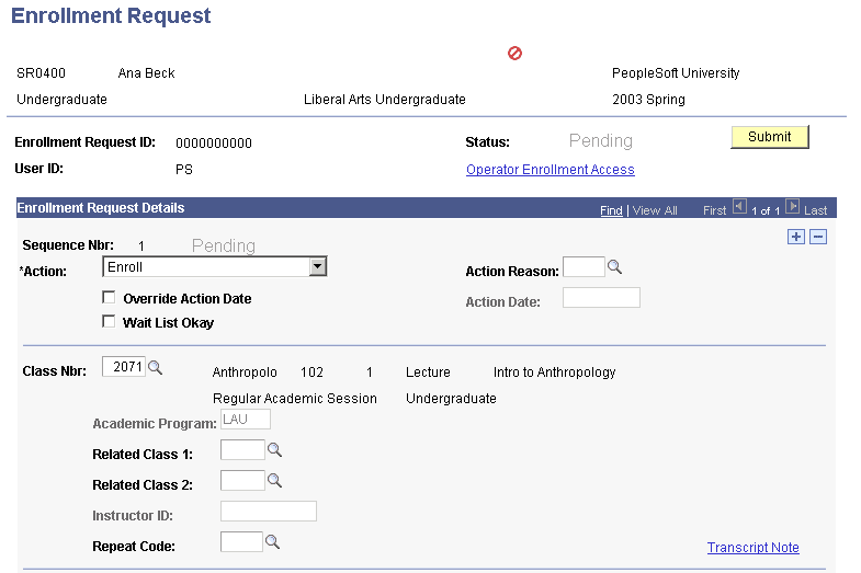 Enrollment Request page (1 of 2)