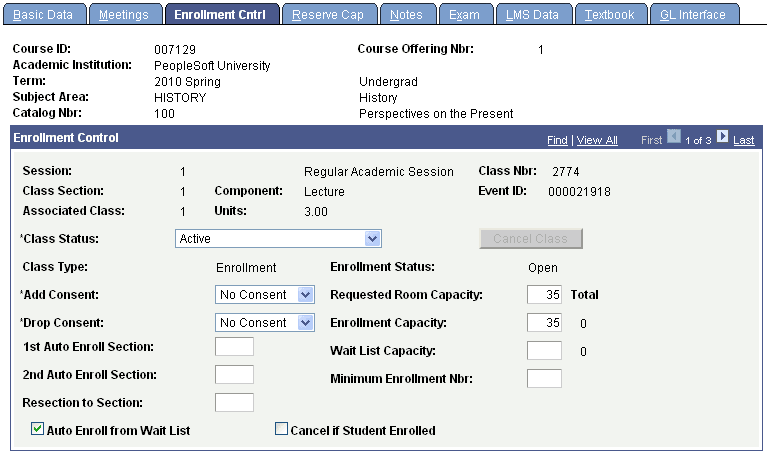 Schedule of Classes - Enrollment Cntrl page
