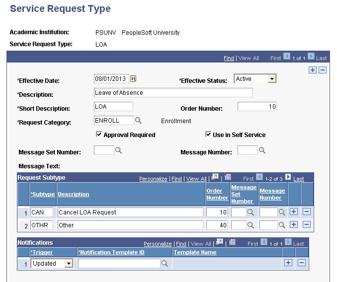 Service Request Type page