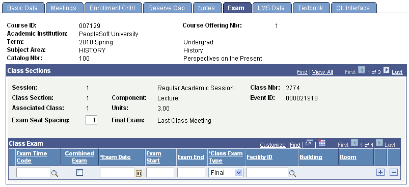 Schedule of Classes - Exam page