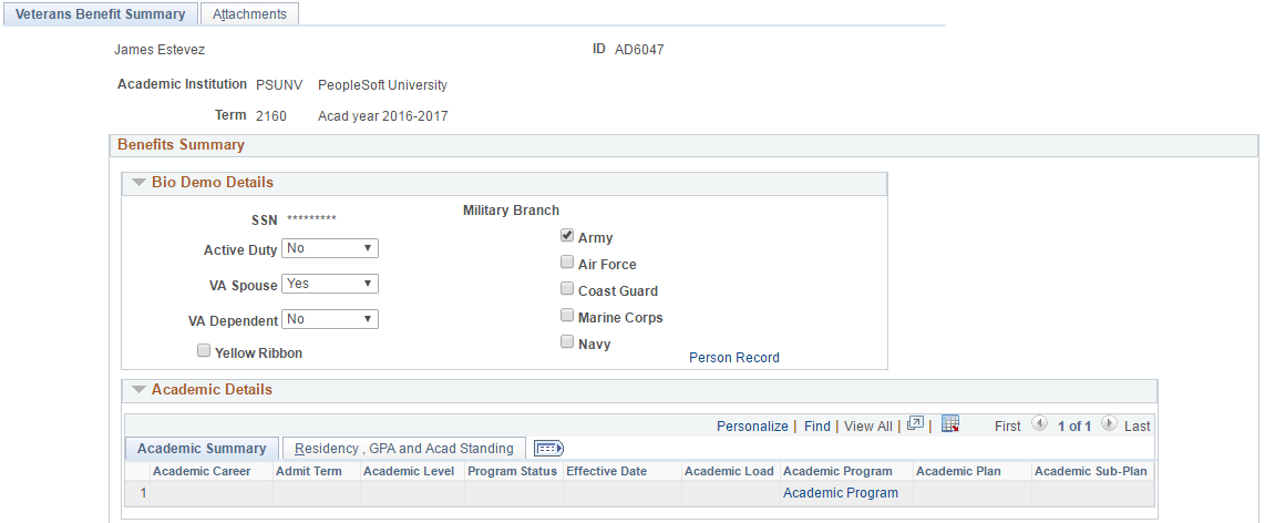 Veterans Benefit Summary page (1 of 2)