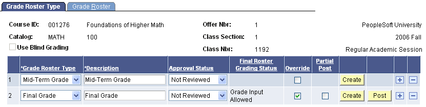 Grade Roster Type page