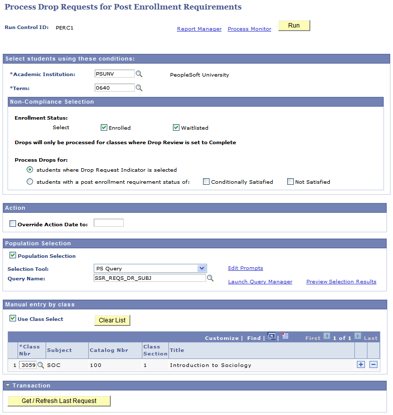 Process Drop Requests for Post Enrollment Requirements page