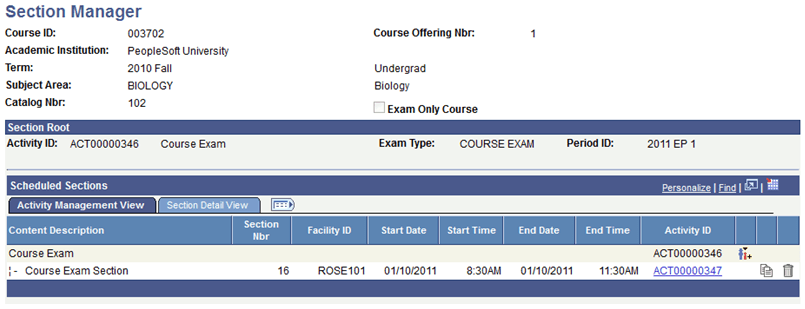 Section Manager page: Activity Management View tab