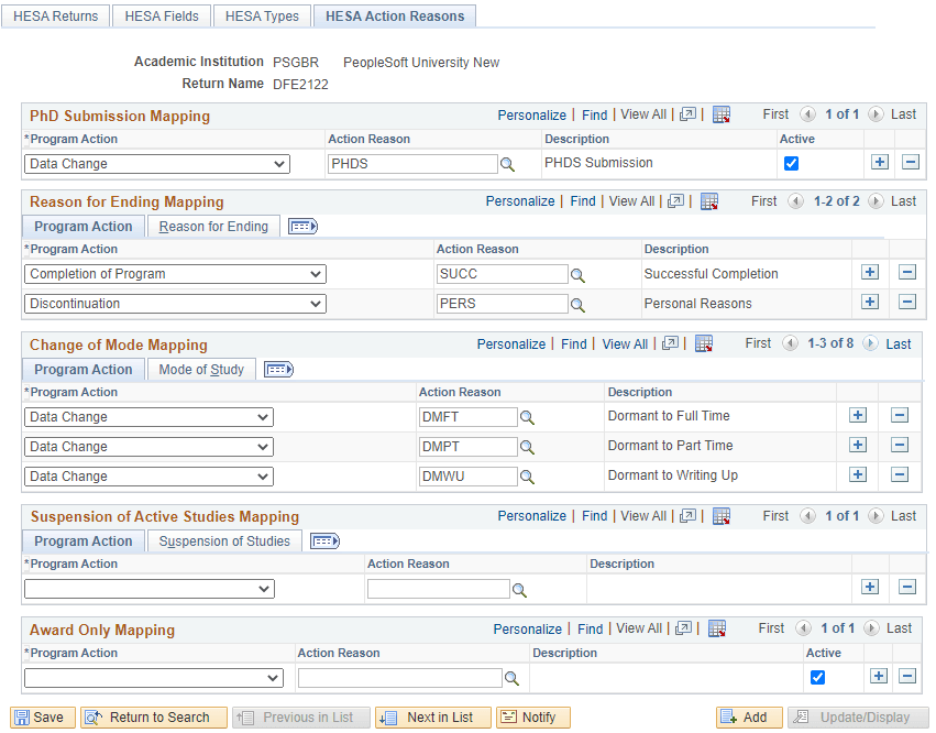 HESA (Higher Education Statistics Agency) Action Reasons page
