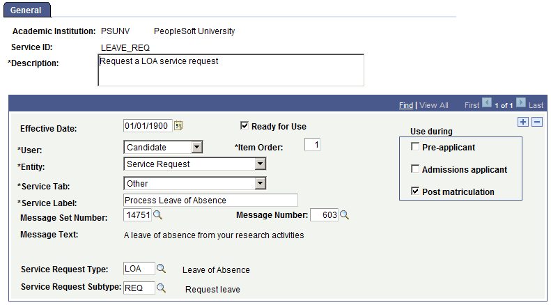 Service Item Setup for Research Service Request - General page