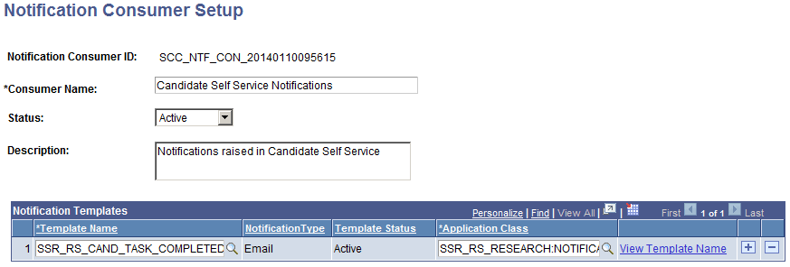 Notification Consumer Setup page example for Service Items