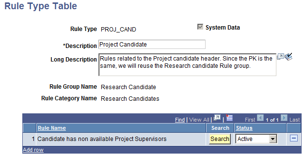 Research Tracking - Rule Type Table page