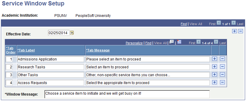 Service Window Setup page