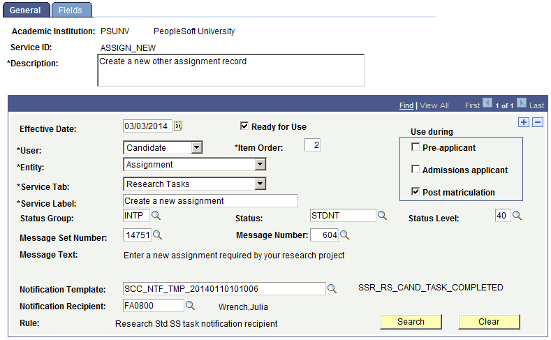 Service Item Setup for Research Service Item - General page