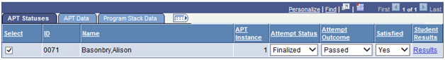 APT (Academic Progress Tracker) Administrative Roster page: APT Action - Enter APT Status