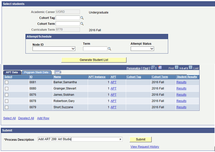 APT (Academic Progress Tracker) Administrative Roster page: Generate Student List grid