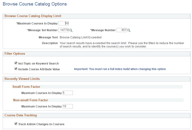 Browse Course Catalog Options page