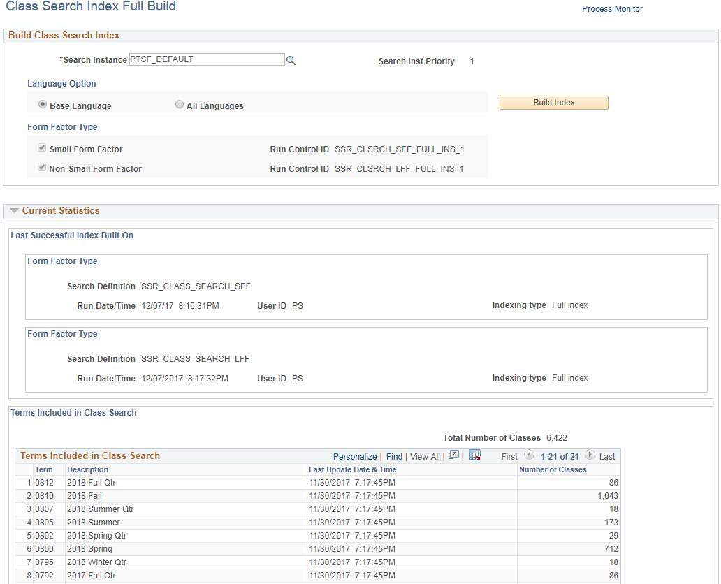 Class Search Index Full Build page