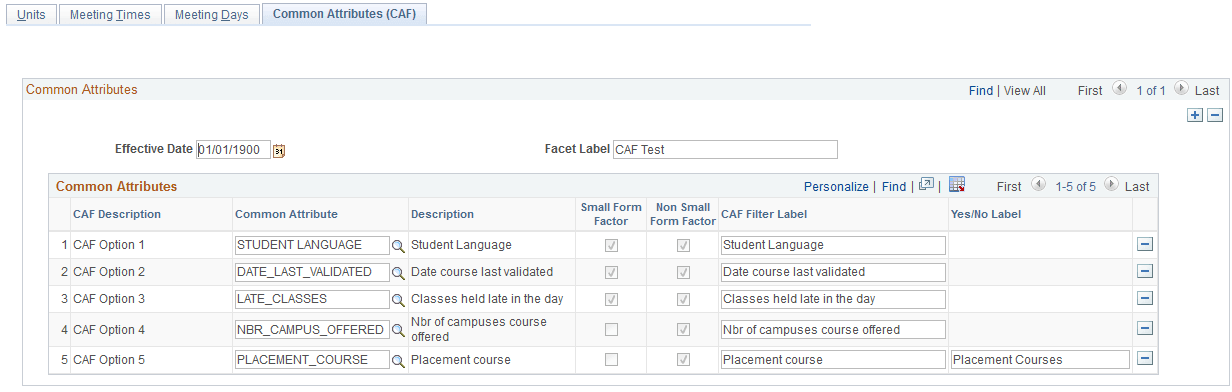 Class Search Filters - Common Attributes (CAF) page