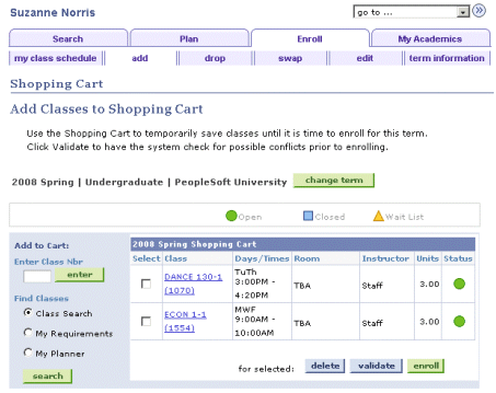 Example of the add tab in Student Center