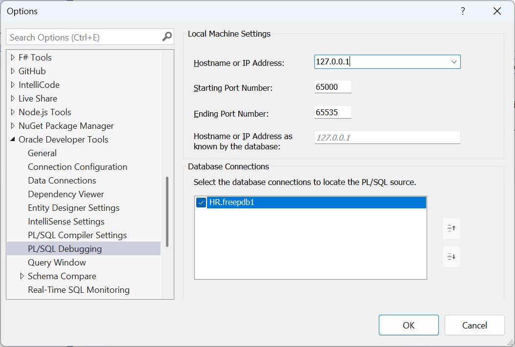 PL/SQLデバッグ・オプションへのアクセスのスクリーンショット