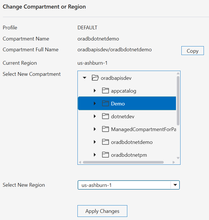 「Change Compartment or Region」ダイアログのスナップショット