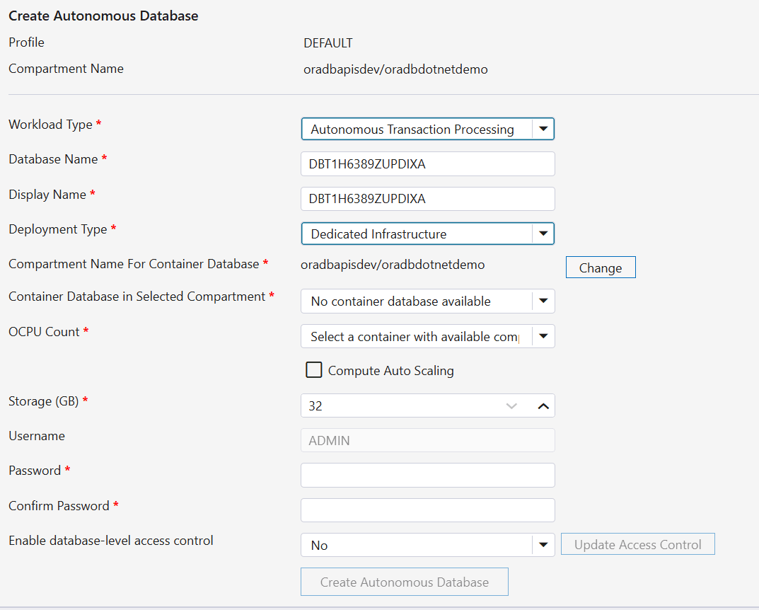 新規Autonomous Transaction Processingデータベースの作成のスクリーンショット