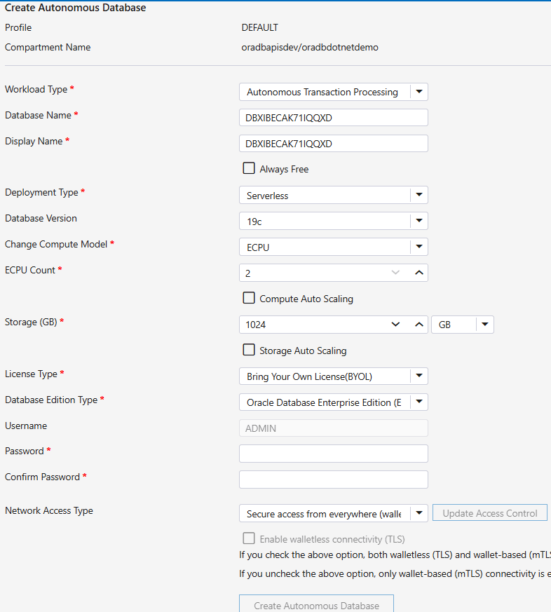 新規Autonomous Transaction Processingデータベースの作成のImage1のスクリーンショット