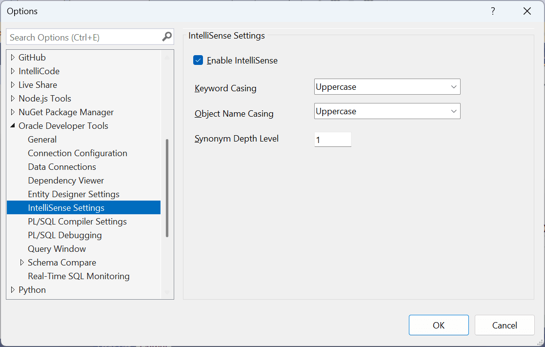 IntelliSense設定の「Options」ページのスクリーンショット