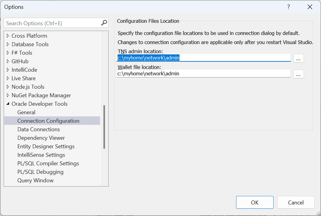 接続構成の「Options」ページの使用のスクリーンショット 接続構成の「Options」ページの使用のスクリーンショット