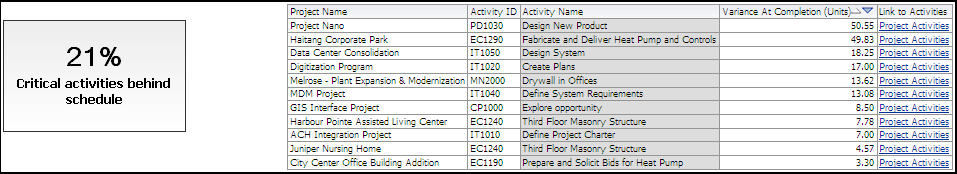 Critical Activities behind Schedule section narrative and table.