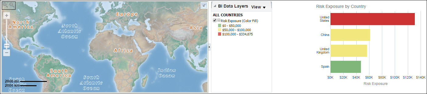 Risk Exposure by Location section map and horizontal bar graph.