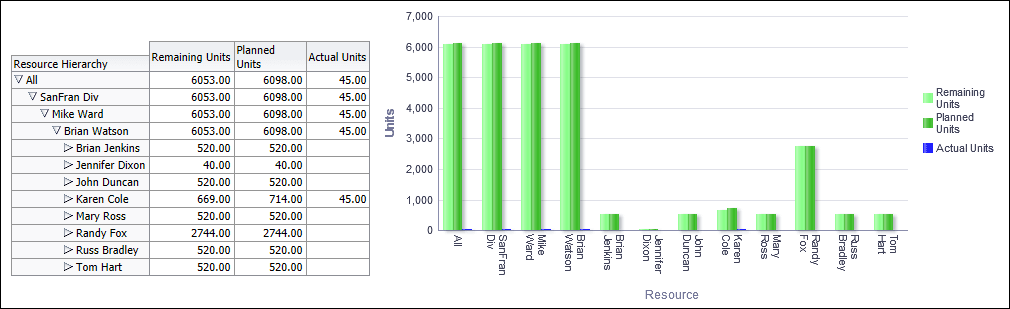 Hierarchies section Resource pivot table and vertical bar graph.