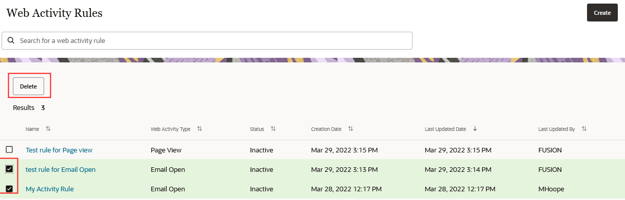 「Webアクティビティ・ルール」ページからルールを選択した後の「削除」ボタンを示しているスクリーンショット
