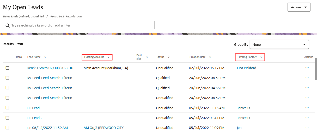 「既存の担当者」列と「既存のアカウント」列が強調表示された「自分のオープン・リード」ページのスクリーンショット。