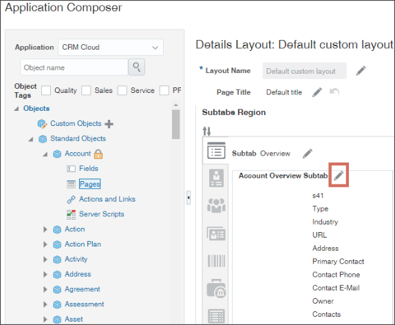 「アカウント概要サブタブ」の「編集」アイコンが強調表示されたアプリケーション・コンポーザの「詳細レイアウト」ページの一部