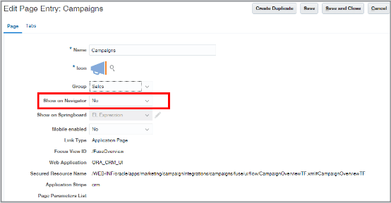 ページ・エントリの編集: キャンペーン・ページで 「ナビゲータに表示」フィールドを強調表示。