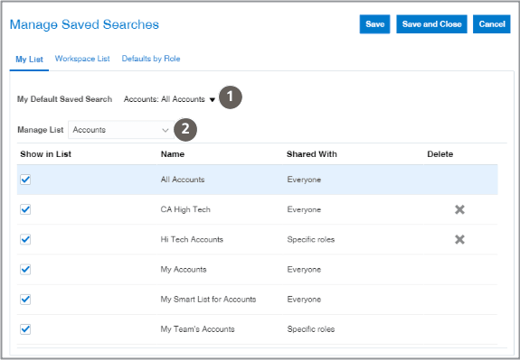 「保存済検索の管理」ウィンドウの「自分のリスト」タブのスクリーンショット