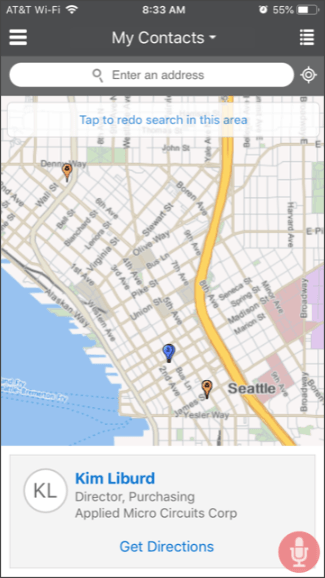 マップ上のピンで表される担当者を示す、 スマートフォン上の「自分の担当者」のスクリーンショット。