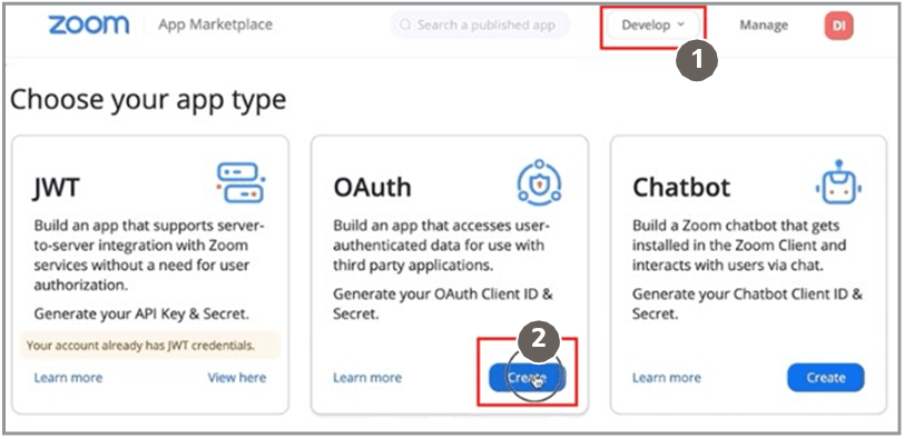 「作成」ボタンが強調表示されたCreate your app typeのスクリーンショット。