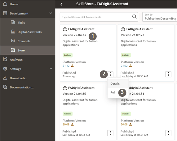 テキストで説明されている機能を強調表示したOracle Digital Assistantスキル・ストア