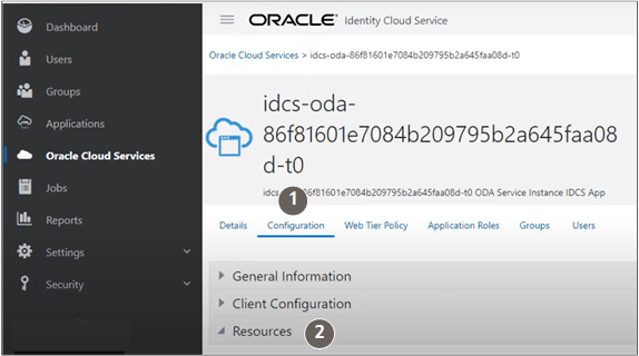 URLを取得できる「リソース」セクションの場所を示す「構成」タブの詳細