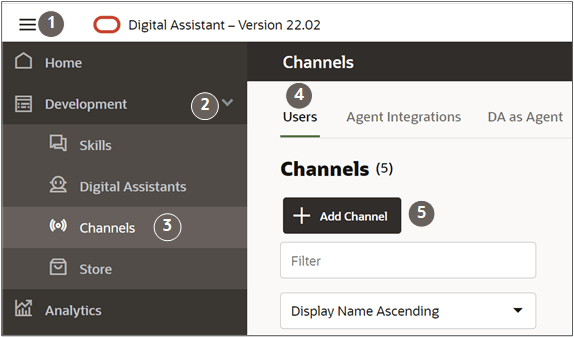 Oracle Digital Assistantホーム・ページ。