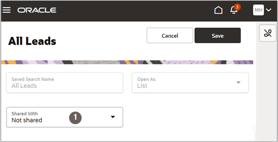 「次と共有」フィールドの場所が強調表示されている保存済検索の編集ページ