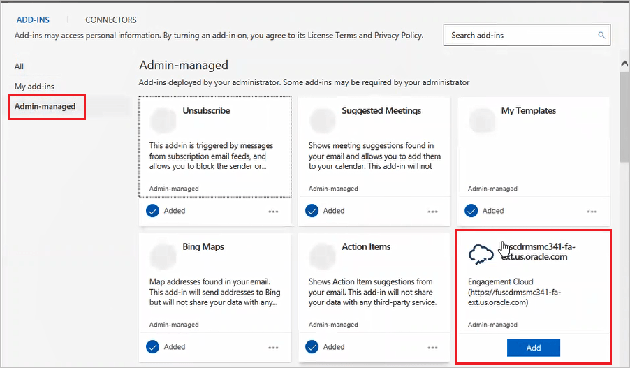 アドインが「管理者が管理」タブで使用可能かどうかを確認します。